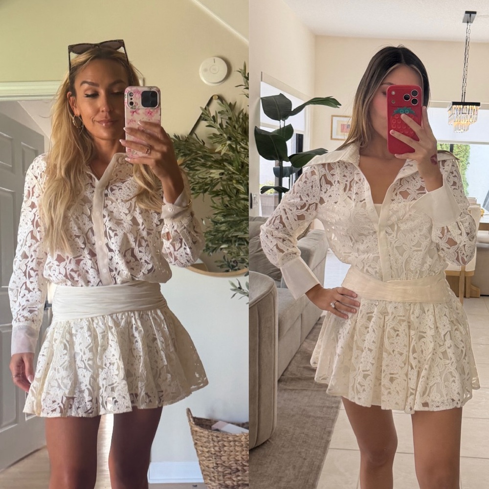 White Lace Button-Down Dress with Waist Sash